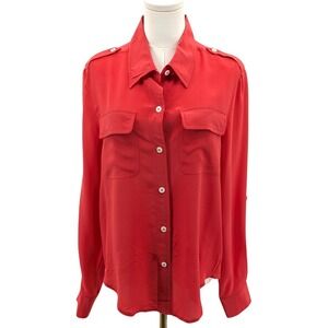Linq 100% Silk Button Front Blouse Long Sleeve Utility Pocket Coral Red L